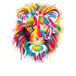 Ilustração colorida de um leão com pelagem vibrante em tons de amarelo, laranja, azul e vermelho, destacando seus olhos expressivos e detalhes na juba. Ideal para projetos de arte e design.