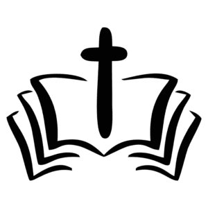 Ícone de uma Bíblia aberta com uma cruz ao centro, simbolizando a fé cristã e a importância da leitura das Escrituras.