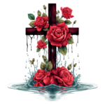 Cruz de madeira decorada com rosas vermelhas, envolta por gotas de água e um efeito de respingos, simbolizando fé e beleza.