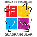 Logotipo da Igreja do Evangelho Quadrangular, apresentando quatro quadrados coloridos com símbolos cristãos: uma cruz, uma pomba, um cálice e uma coroa, representando a fé e a espiritualidade da igreja.