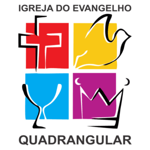 Logotipo da Igreja do Evangelho Quadrangular, apresentando quatro quadrados coloridos com símbolos cristãos: uma cruz, uma pomba, um cálice e uma coroa, representando a fé e a espiritualidade da igreja.
