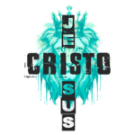 Imagem estilizada de um leão com uma coroa, com as palavras "JESUS CRISTO" destacadas em letras grandes e impactantes, representando a força e a realeza de Jesus. Ideal para camisetas ou arte cristã.