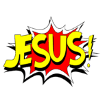 Texto alternativo otimizado para SEO: Logotipo colorido com a palavra "JESUS!" em letras grandes e chamativas, cercado por um fundo explosivo em vermelho e amarelo, simbolizando energia e impacto.