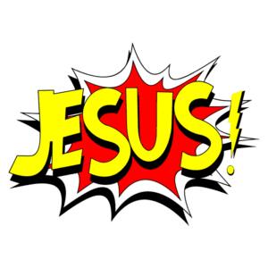 Texto alternativo otimizado para SEO: Logotipo colorido com a palavra "JESUS!" em letras grandes e chamativas, cercado por um fundo explosivo em vermelho e amarelo, simbolizando energia e impacto.
