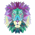 Ilustração de um leão em estilo geométrico, com cores vibrantes e formas triangulares, destacando a majestade e a força do animal. Ideal para projetos relacionados à natureza, arte digital ou design gráfico.