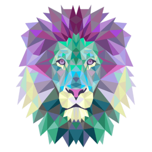 Ilustração de um leão em estilo geométrico, com cores vibrantes e formas triangulares, destacando a majestade e a força do animal. Ideal para projetos relacionados à natureza, arte digital ou design gráfico.