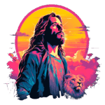 Imagem de uma representação artística de Jesus, com cabelos longos e barba, olhando para cima em um fundo colorido com um sol radiante e nuvens. Um leão está ao seu lado, simbolizando força e coragem. A ilustração é vibrante, destacando tons de rosa e azul.