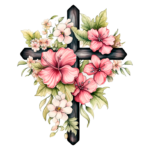 Ilustração de uma cruz preta adornada com flores coloridas, incluindo hibiscos rosa e pequenas flores brancas, simbolizando beleza e espiritualidade. Ideal para temas de fé, religião e natureza.