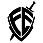 Logo estilizado em preto com um escudo e uma espada, representando força e proteção, ideal para marcas e organizações relacionadas a segurança ou jogos.