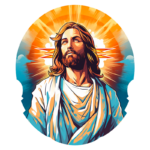 Imagem de Jesus Cristo com expressão serena, rodeado por um fundo colorido que emana luz, simbolizando espiritualidade e fé. Ideal para temas religiosos e de arte cristã.