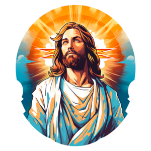 Imagem de Jesus Cristo com expressão serena, rodeado por um fundo colorido que emana luz, simbolizando espiritualidade e fé. Ideal para temas religiosos e de arte cristã.