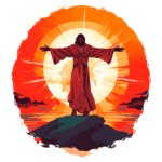 Imagem estilizada de uma figura religiosa com braços abertos, simbolizando acolhimento e paz, contra um fundo vibrante de sol nascente em tons de laranja e amarelo. Ideal para temas de espiritualidade e fé.