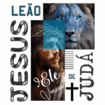 Imagem com a frase "Leão de Judá" e "Ele Venceu", apresentando ilustrações de um leão e a figura de Jesus com coroa de espinhos, simbolizando força e vitória espiritual.