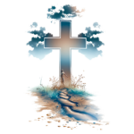 Cruz imponente cercada por nuvens e vegetação, com uma figura humana caminhando por um caminho de terra, simbolizando fé e espiritualidade.