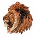 Cabeça de leão em estilo poligonal, destacando detalhes em tons de marrom e laranja, contra fundo verde. Ideal para ilustrações sobre vida selvagem ou arte digital.