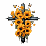 Cruz decorada com girassóis amarelos vibrantes e borboletas, simbolizando fé e renovação. Ideal para design de tatuagens ou arte religiosa.