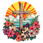 Imagem de uma cruz de madeira cercada por flores coloridas, com um fundo de céu azul e nuvens. O sol nasce atrás das montanhas, criando um efeito vibrante e espiritual. Ideal para temas de fé, natureza e renovação.