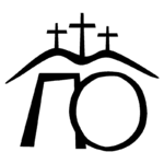 Símbolo religioso estilizado com três cruzes sobre uma colina, representando a fé cristã, acompanhado de elementos gráficos que formam as letras "PO".