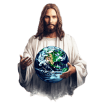 Imagem de Jesus Cristo segurando o planeta Terra, simbolizando proteção e cuidado pelo mundo. Ele está vestido com uma túnica branca, com cabelos longos e barba, transmitindo uma mensagem de paz e esperança.