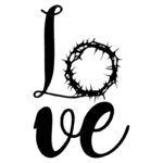 Texto em destaque com a palavra "LOVE" estilizada, onde a letra "O" é substituída por uma coroa de espinhos, simbolizando amor e sacrifício. Ideal para temas de espiritualidade e design gráfico.