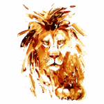 Ilustração artística de um leão com traços coloridos em tons de laranja e amarelo, destacando a majestade e a força do animal. Ideal para temas relacionados à fauna, natureza e arte.