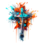 Cruz estilizada com cores vibrantes em fundo abstrato, representando arte cristã contemporânea.