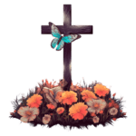 Cruz de madeira decorada com flores coloridas e borboletas, simbolizando paz e renovação.