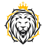 Imagem de um leão estilizado em tons de verde e preto, cercado por espinhos e uma coroa amarela, simbolizando força e realeza.