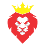 Cabeça de leão estilizada com uma coroa amarela, representando força e realeza, com detalhes em vermelho e branco. Ideal para branding e design gráfico.