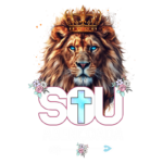 Imagem de um leão majestoso com uma coroa dourada, simbolizando força e proteção, acompanhado do texto "SOU ABENÇOADA" em letras estilizadas. O fundo apresenta elementos florais, refletindo um tema de fé e espiritualidade.