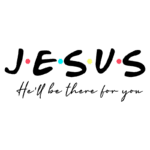 Texto em destaque "JESUS" com pontos coloridos e a frase "He'll be there for you", simbolizando apoio e presença espiritual. Ideal para temas de fé e esperança.
