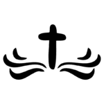 Símbolo religioso com uma cruz central rodeada por ondas estilizadas, representando fé e espiritualidade.