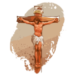 Imagem de Jesus Cristo crucificado, com a inscrição "INRI" acima da cruz, em um fundo artístico com manchas de tinta.