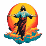 Imagem de Jesus Cristo com braços abertos, cercado por nuvens coloridas, diante de um grande sol amarelo. A arte retrata a figura central do cristianismo, simbolizando acolhimento e esperança.