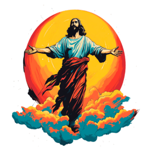 Imagem de Jesus Cristo com braços abertos, cercado por nuvens coloridas, diante de um grande sol amarelo. A arte retrata a figura central do cristianismo, simbolizando acolhimento e esperança.