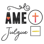 Texto gráfico com as palavras "AME" e "Julgue", incluindo um coração, uma cruz e símbolos de adição e subtração, enfatizando temas de amor e julgamento.