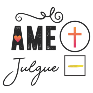Texto gráfico com as palavras "AME" e "Julgue", incluindo um coração, uma cruz e símbolos de adição e subtração, enfatizando temas de amor e julgamento.