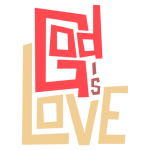 Texto estilizado com as palavras "God is Love" em cores vibrantes, transmitindo uma mensagem de fé e amor divino. Ideal para temas religiosos e inspiradores.