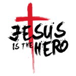 Imagem com a frase "Jesus is the hero" em estilo gráfico, acompanhada por uma cruz vermelha, simbolizando a fé cristã e a importância de Jesus como figura central da religião.