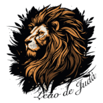 Ilustração de um leão majestoso com uma densa juba, simbolizando força e coragem, acompanhada da frase "Leão de Judá". Ideal para representar liderança e poder.
