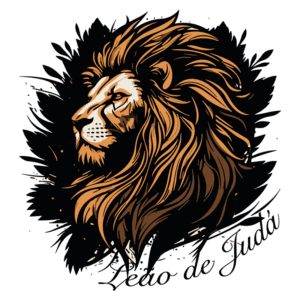 Ilustração de um leão majestoso com uma densa juba, simbolizando força e coragem, acompanhada da frase "Leão de Judá". Ideal para representar liderança e poder.