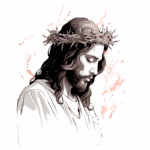 Imagem de Jesus Cristo com coroa de espinhos, olhando para baixo. Arte digital com fundo abstrato em tons suaves. Ideal para temas religiosos e reflexivos.