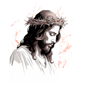 Imagem de Jesus Cristo com coroa de espinhos, olhando para baixo. Arte digital com fundo abstrato em tons suaves. Ideal para temas religiosos e reflexivos.