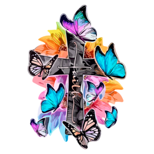 Ilustração de uma cruz estilizada cercada por borboletas coloridas e flores vibrantes, simbolizando transformação e espiritualidade.