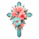 Cruz decorativa em azul com flores coloridas, incluindo hibiscos rosa e azul, rodeada de folhas verdes, ideal para simbolizar fé e beleza.