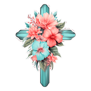 Cruz decorativa em azul com flores coloridas, incluindo hibiscos rosa e azul, rodeada de folhas verdes, ideal para simbolizar fé e beleza.