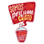 Imagem colorida com uma garrafa de perfume, acompanhada do texto "Somos o bom perfume de Cristo", destacando conceitos como amor, perdão, salvação e graça. Ideal para temas de fé e espiritualidade.