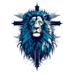Ilustração de um leão com uma juba azul, posicionado sobre uma cruz estilizada, simbolizando força e coragem. O design combina elementos gráficos modernos com uma paleta de cores vibrantes.