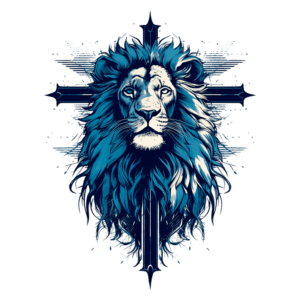 Ilustração de um leão com uma juba azul, posicionado sobre uma cruz estilizada, simbolizando força e coragem. O design combina elementos gráficos modernos com uma paleta de cores vibrantes.