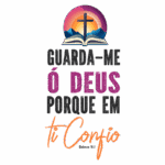Imagem com a frase "Guarda-me, ó Deus, porque em ti confio" acompanhada de uma cruz, uma Bíblia aberta e montanhas ao fundo, inspirada no Salmo 16:1. Ideal para reflexões espirituais e mensagens de fé.
